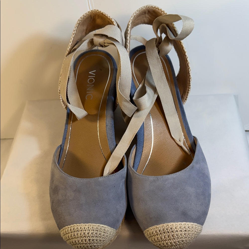Vionic Light Blue Suede Espadrille Wedge Sandals with Tie Straps - Picture 4 of 4